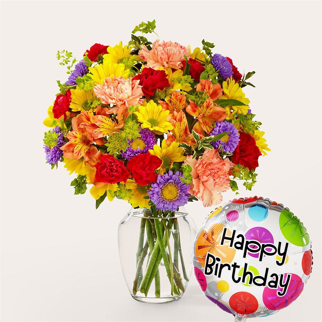 Kaleidoscope Bouquet with Birthday Balloon – DEE'S FLORAL & DESIGNS, Fairmont MN