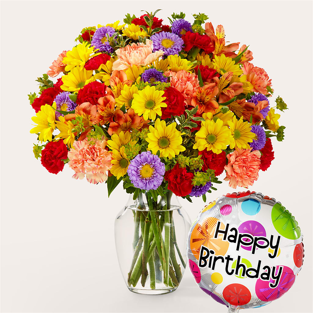 Kaleidoscope Bouquet with Birthday Balloon – DEE'S FLORAL & DESIGNS, Fairmont MN