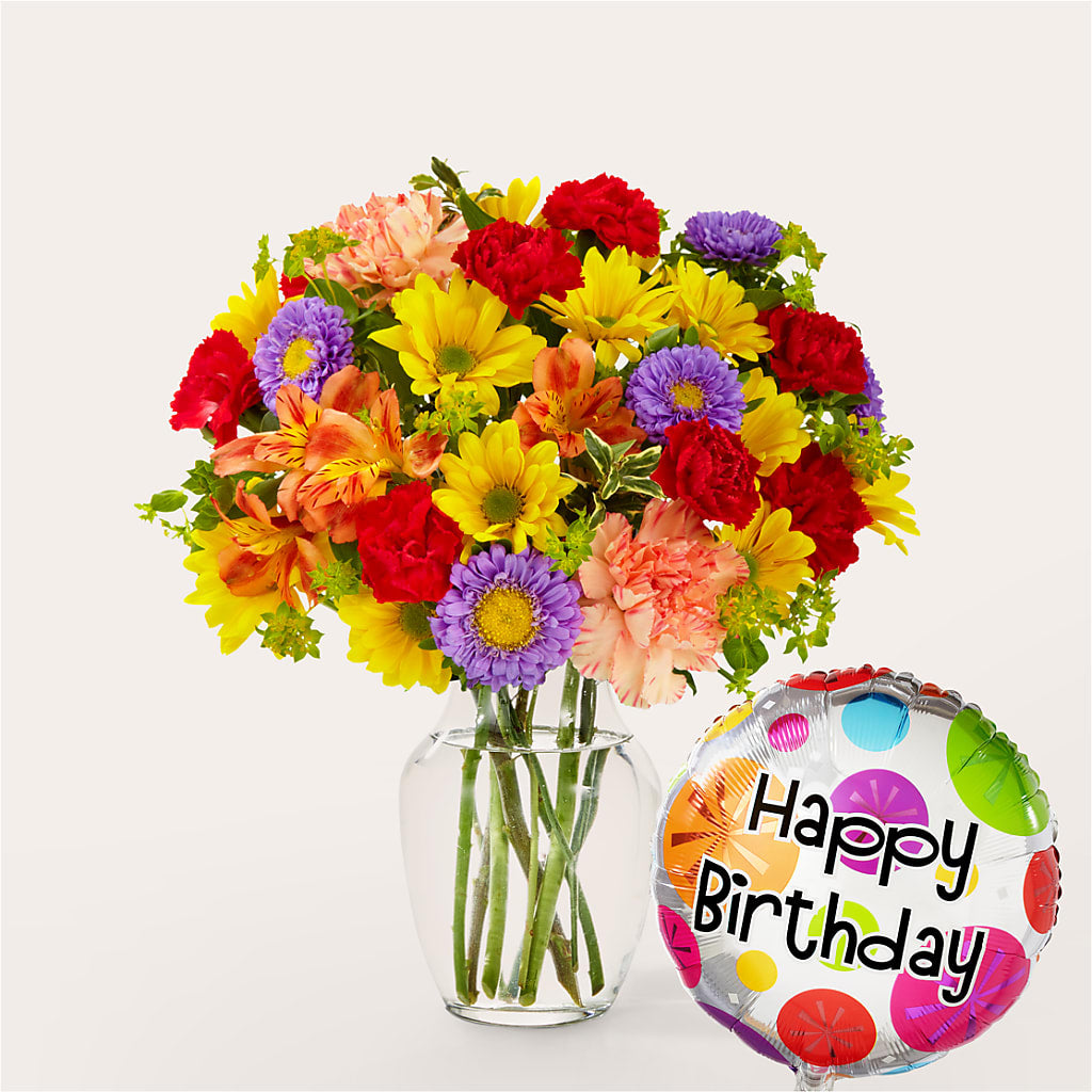 Kaleidoscope Bouquet with Birthday Balloon – DEE'S FLORAL & DESIGNS, Fairmont MN