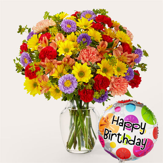 Kaleidoscope Bouquet with Birthday Balloon – DEE'S FLORAL & DESIGNS, Fairmont MN